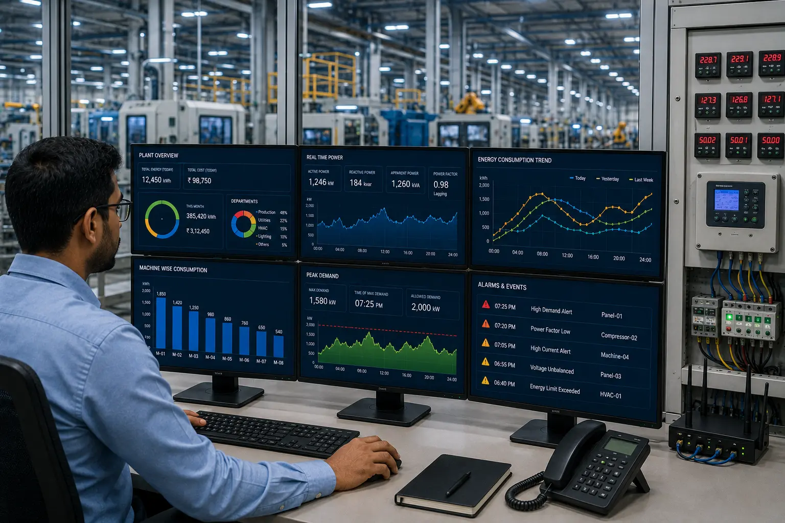 Energy monitoring system for factories showing real-time machine-wise power consumption dashboard