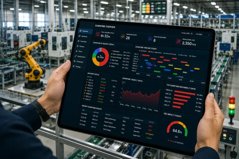 Manufacturing downtime tracking software dashboard showing machine stoppages production loss and alerts