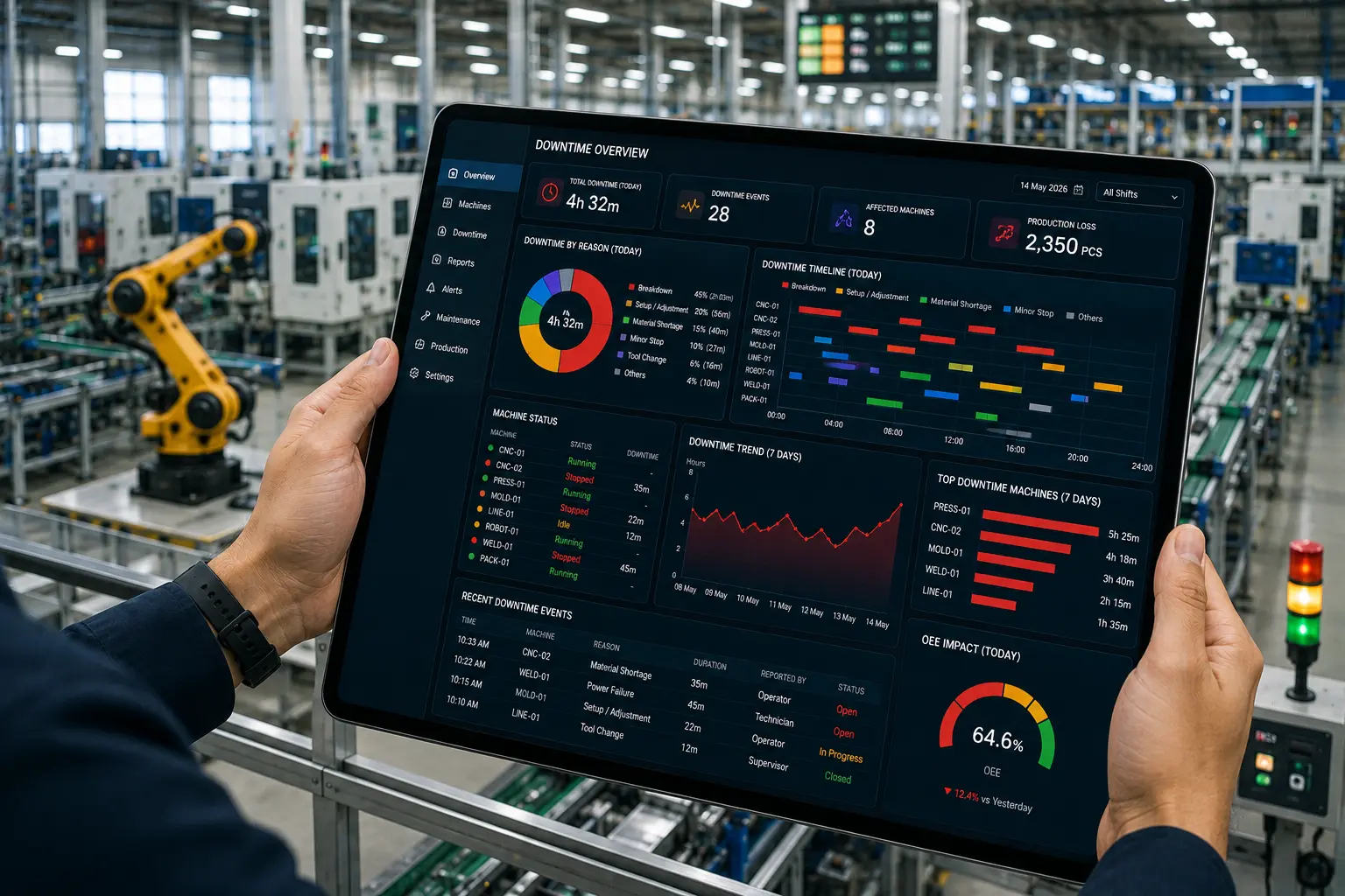 Manufacturing downtime tracking software dashboard showing machine stoppages production loss and alerts