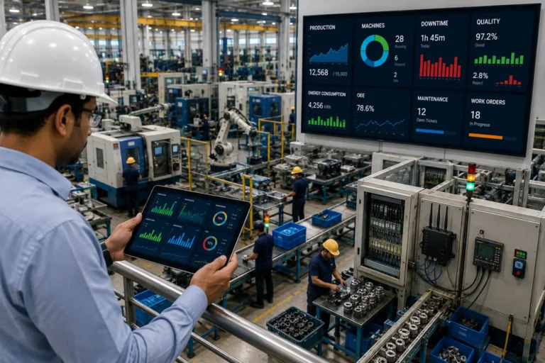 Connected factory dashboard showing real-time production machines downtime energy quality and maintenance KPIs