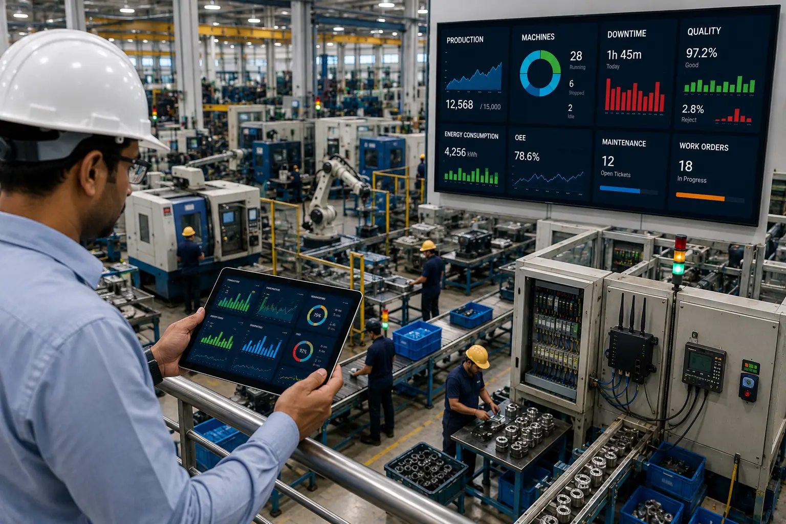 Connected factory dashboard showing real-time production machines downtime energy quality and maintenance KPIs