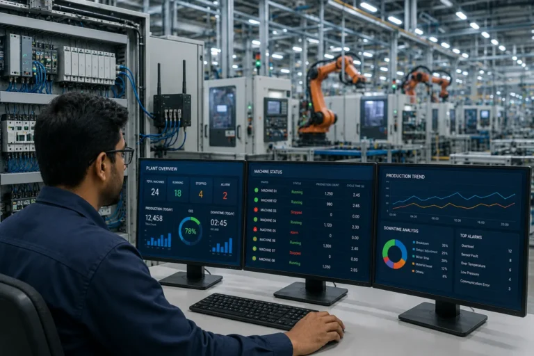 PLC data acquisition system monitoring smart factory machines through industrial IoT dashboard