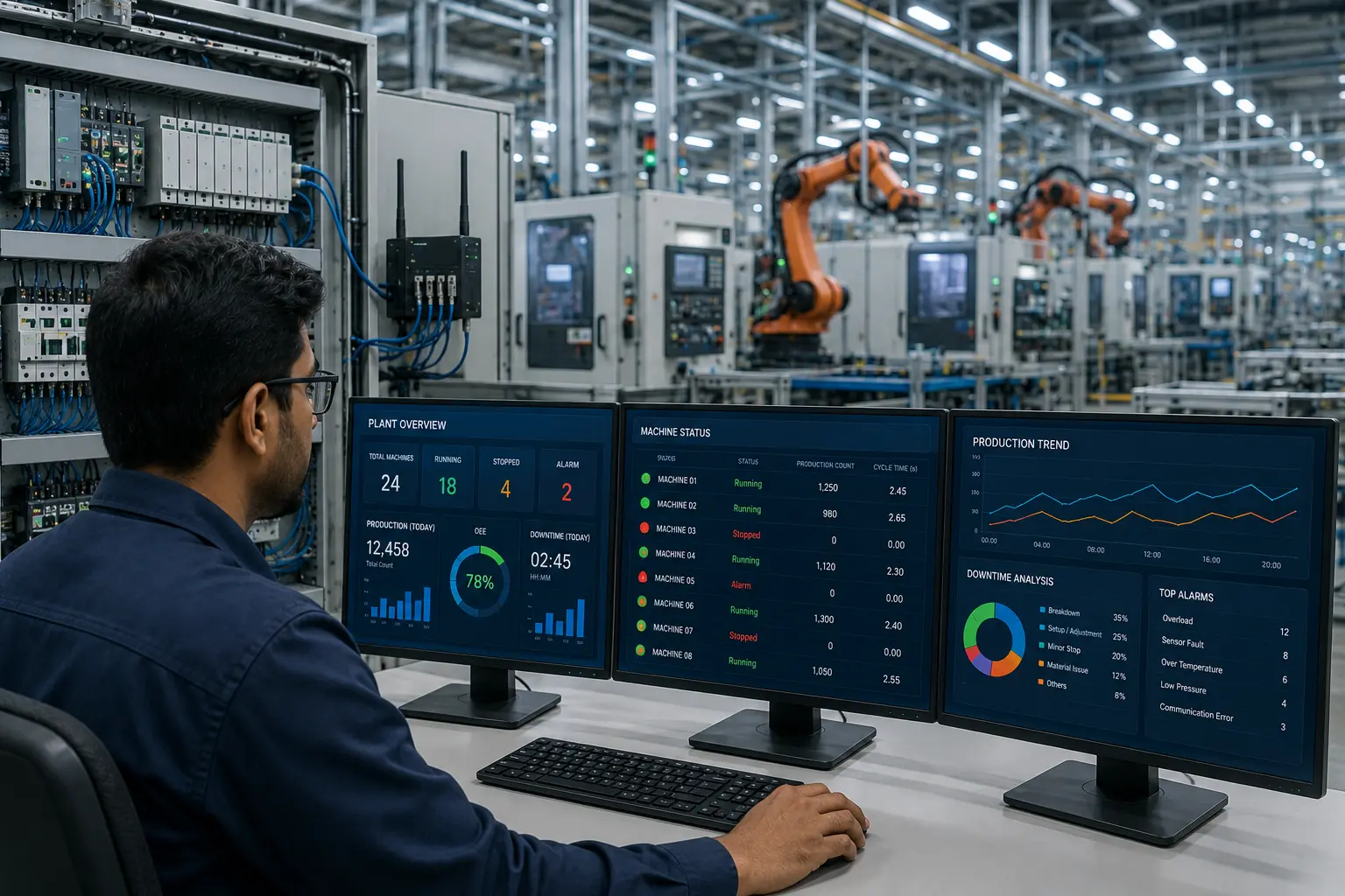 PLC data acquisition system monitoring smart factory machines through industrial IoT dashboard