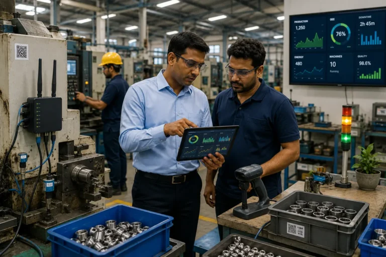Smart manufacturing for SMEs showing small factory owner using tablet with machines workers and digital dashboards
