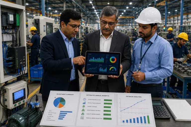 Smart factory ROI calculation showing factory owner comparing investment cost with downtime energy production and efficiency savings