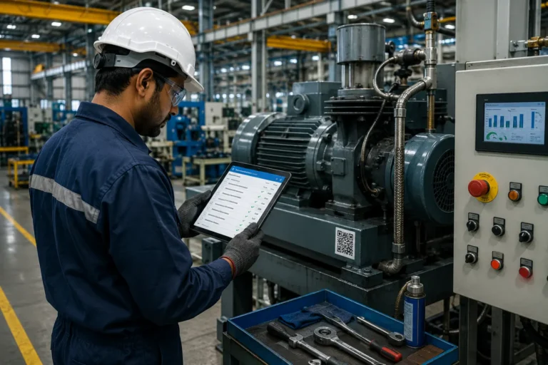 Preventive maintenance software for manufacturing showing technician inspecting machine with digital maintenance checklist