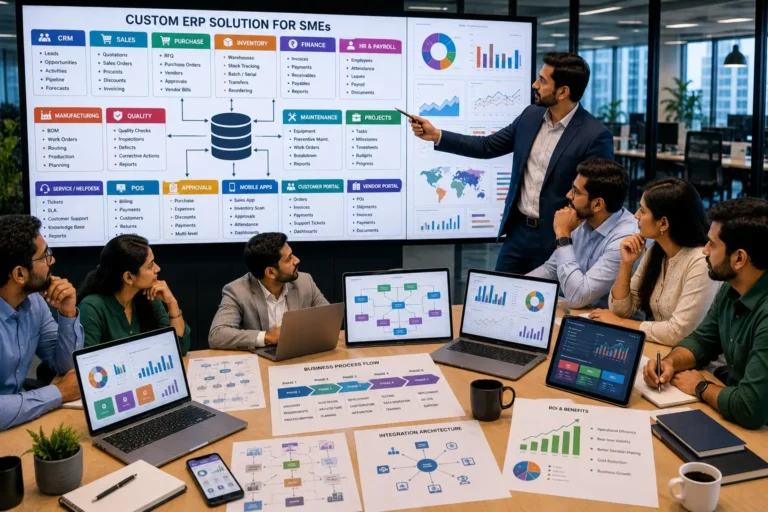 Custom ERP software development for SMEs connecting CRM sales purchase inventory finance HR manufacturing reports and business automation