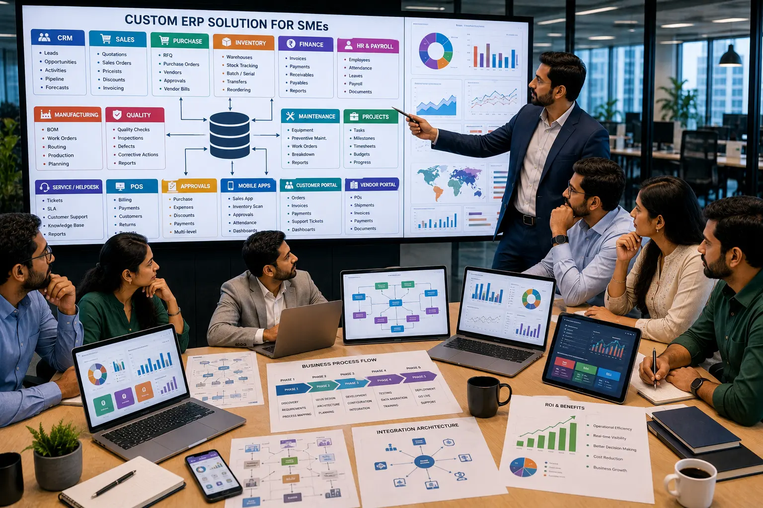 Custom ERP software development for SMEs connecting CRM sales purchase inventory finance HR manufacturing reports and business automation