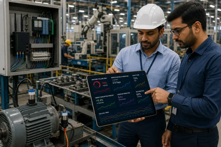 Predictive analytics in manufacturing showing machine data trends production insights and factory decision-making dashboard
