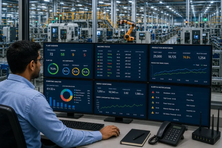 Smart factory software dashboard monitoring machines production downtime energy and OEE in real time