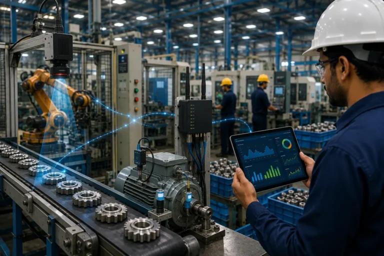 AI in manufacturing showing quality inspection camera machine sensors and factory analytics on shop floor