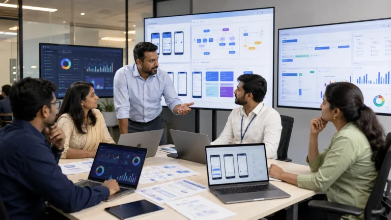 Featured Image Prompt Create a realistic landscape image of a modern Chennai-based software development office working on custom business software for Indian companies. Show a business owner, project manager, UI UX designer, software developer, and ERP consultant discussing a digital transformation plan around a table. Include laptops, dashboard screens, workflow diagrams, mobile app screens, ERP module visuals, CRM pipeline visuals, inventory charts, and business automation planning elements. The background should feel like a professional Indian IT company workspace, modern, bright, trustworthy, and business-focused. The image should communicate custom software development, ERP, CRM, mobile app, web application, dashboards, and business automation. No readable text, no logos, no brand names, no icons, no overlays, and no visible words anywhere. High clarity, realistic lighting, professional corporate photography style.