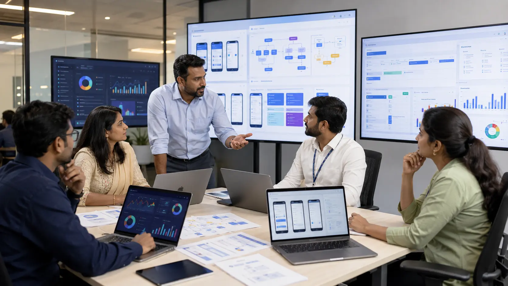 Featured Image Prompt Create a realistic landscape image of a modern Chennai-based software development office working on custom business software for Indian companies. Show a business owner, project manager, UI UX designer, software developer, and ERP consultant discussing a digital transformation plan around a table. Include laptops, dashboard screens, workflow diagrams, mobile app screens, ERP module visuals, CRM pipeline visuals, inventory charts, and business automation planning elements. The background should feel like a professional Indian IT company workspace, modern, bright, trustworthy, and business-focused. The image should communicate custom software development, ERP, CRM, mobile app, web application, dashboards, and business automation. No readable text, no logos, no brand names, no icons, no overlays, and no visible words anywhere. High clarity, realistic lighting, professional corporate photography style.