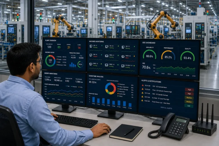 Industrial IoT platform connecting machines PLCs sensors dashboards and ERP systems in a smart factory
