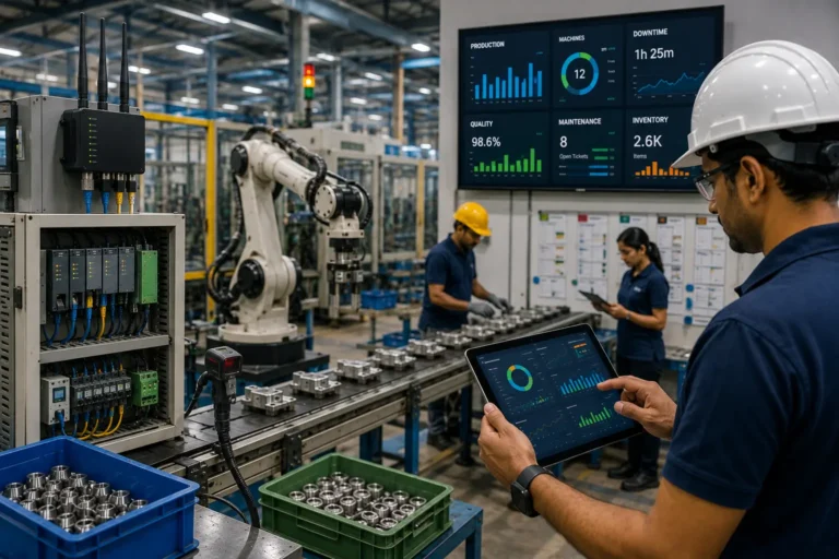 Factory automation software controlling machines production workflows quality maintenance and real-time dashboards