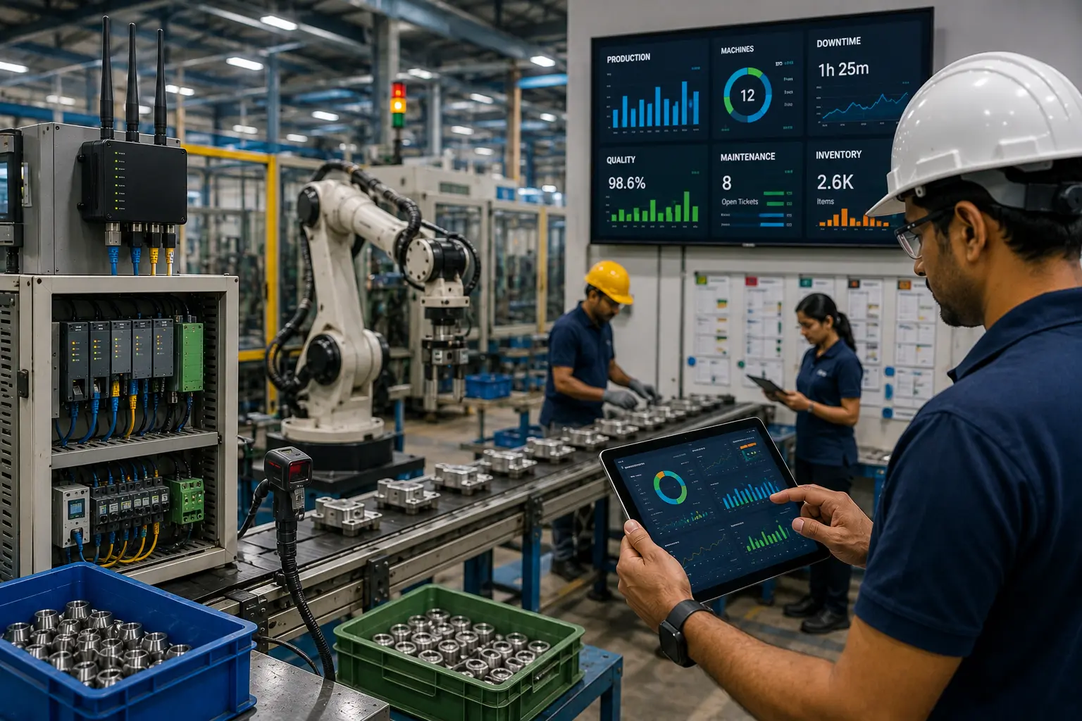 Factory automation software controlling machines production workflows quality maintenance and real-time dashboards