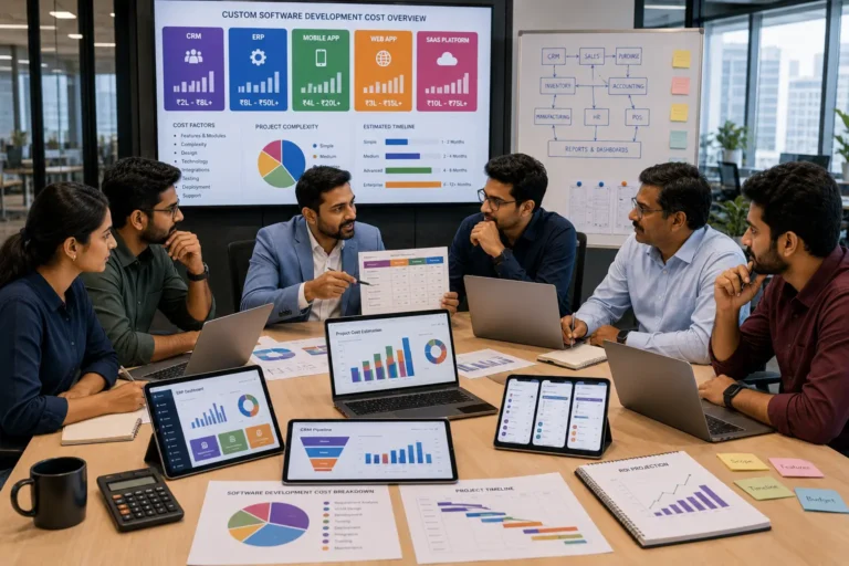 Custom software development cost in India showing business owner reviewing pricing for ERP CRM mobile app web app SaaS dashboard and automation software