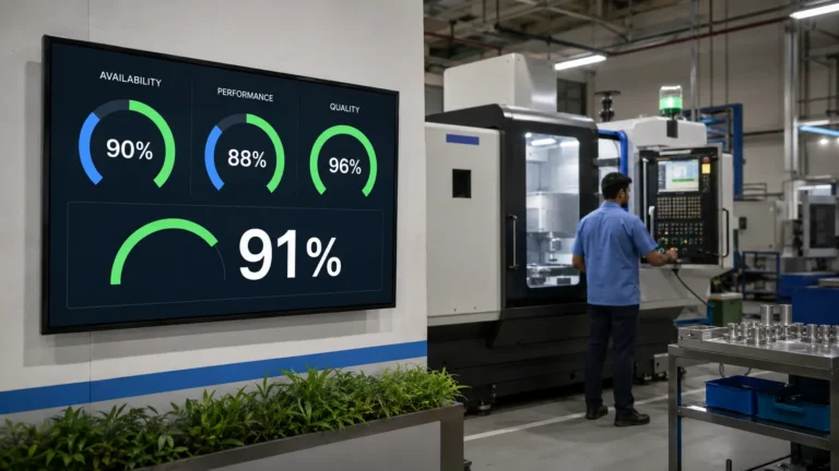 How to calculate OEE in Indian factories showing availability performance and quality on a machine dashboard