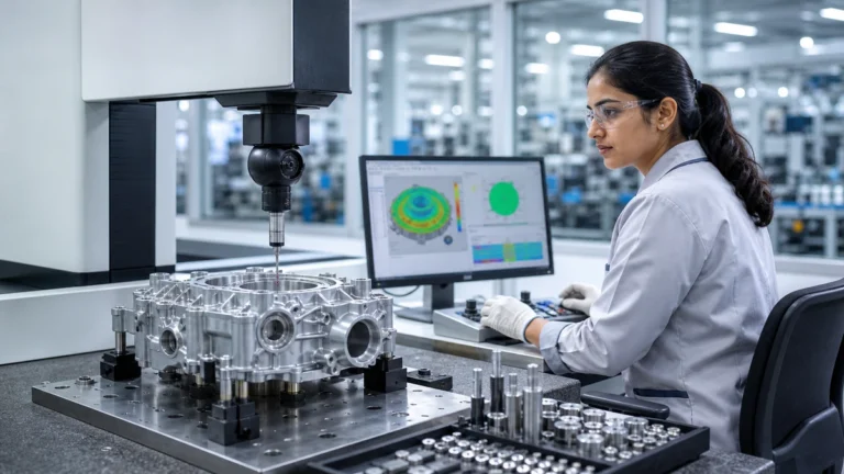 Quality engineer performing automated CMM inspection of an automotive component