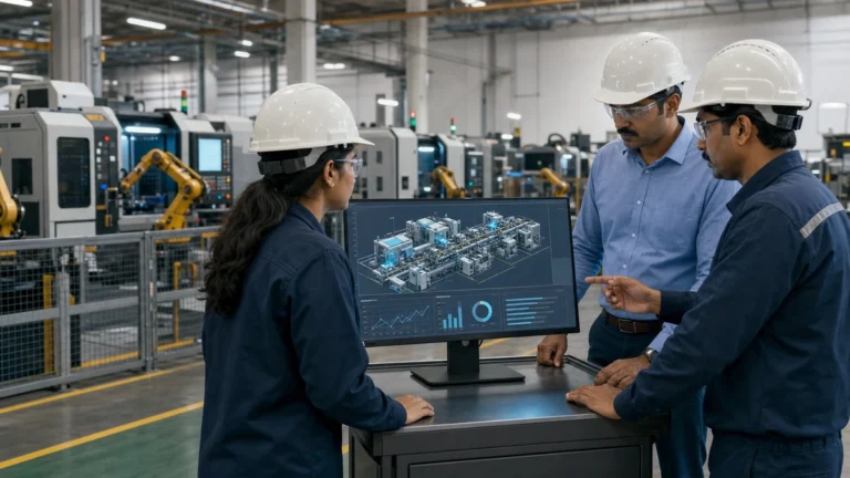Manufacturing team evaluating a digital twin company in India for factory implementation