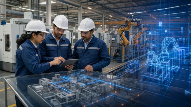 Indian manufacturing team planning a digital twin implementation inside a modern factory