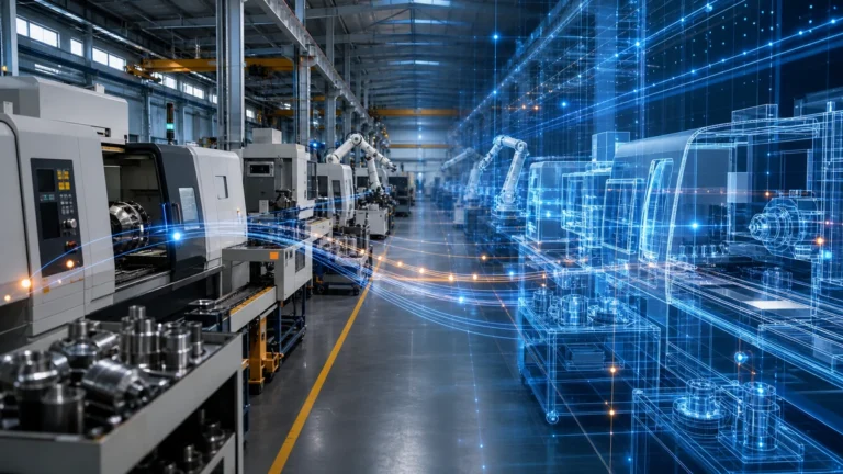 Digital twin in manufacturing connecting a CNC production line with its virtual model