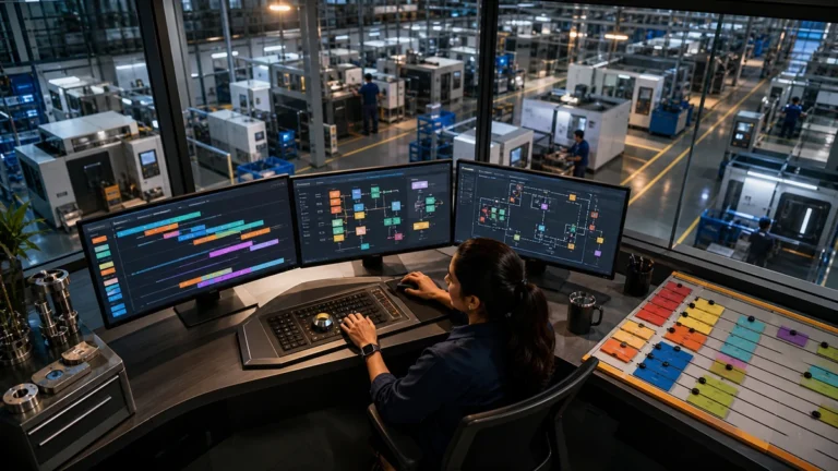 Production planner managing finite-capacity schedules for a precision components factory