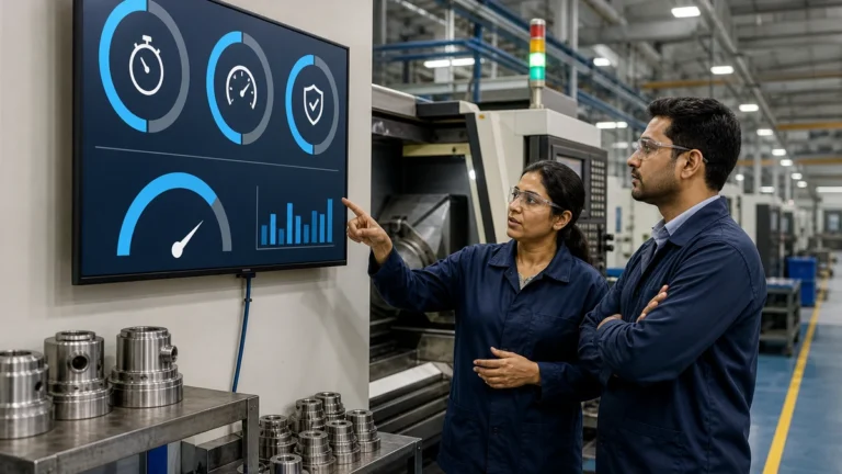 Indian manufacturing team reviewing Availability, Performance and Quality for OEE calculation