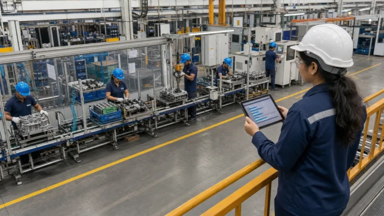 Indian manufacturing team balancing machines, operators and cycle times on a production line
