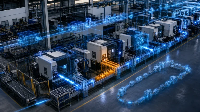 Production line digital twin monitoring manufacturing flow and identifying a bottleneck