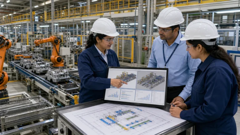 Indian manufacturing engineers reviewing production line simulation scope and investment scenario