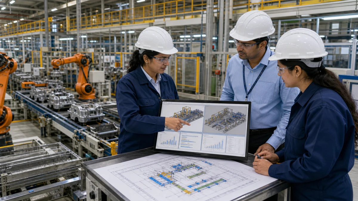 Indian manufacturing engineers reviewing production line simulation scope and investment scenario