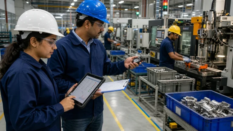Indian manufacturing engineers collecting production line simulation data on the factory floor
