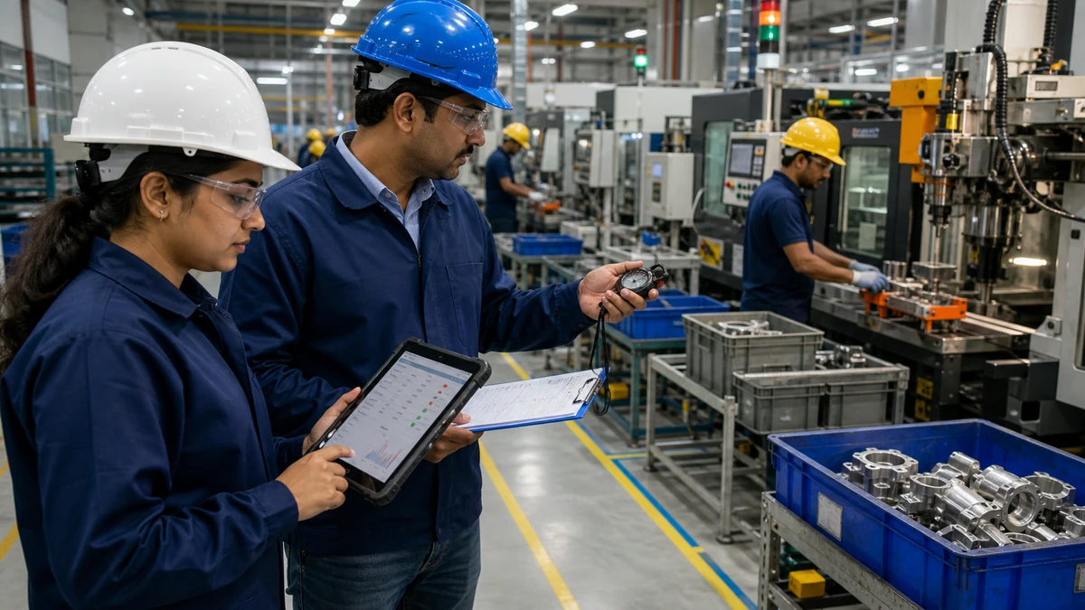 Indian manufacturing engineers collecting production line simulation data on the factory floor