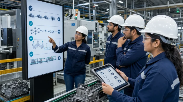 Indian manufacturing team reviewing a production line simulation implementation checklist