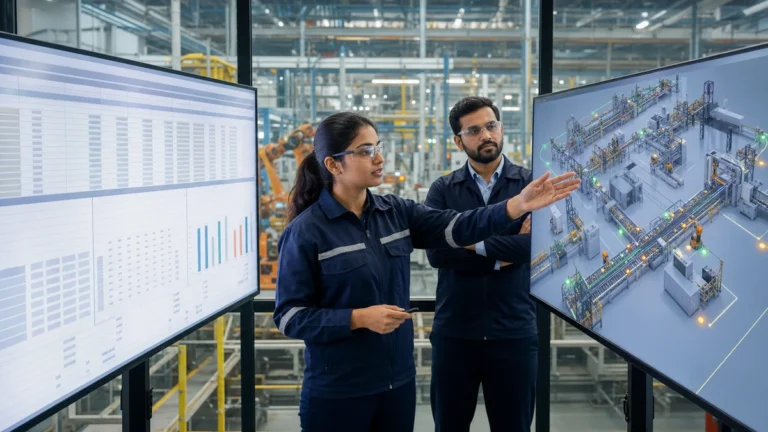Manufacturing engineer comparing Excel capacity planning with production line simulation