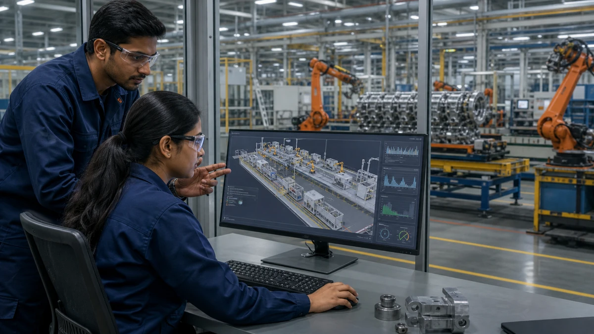 Indian manufacturing engineers reviewing a digital production line simulation model