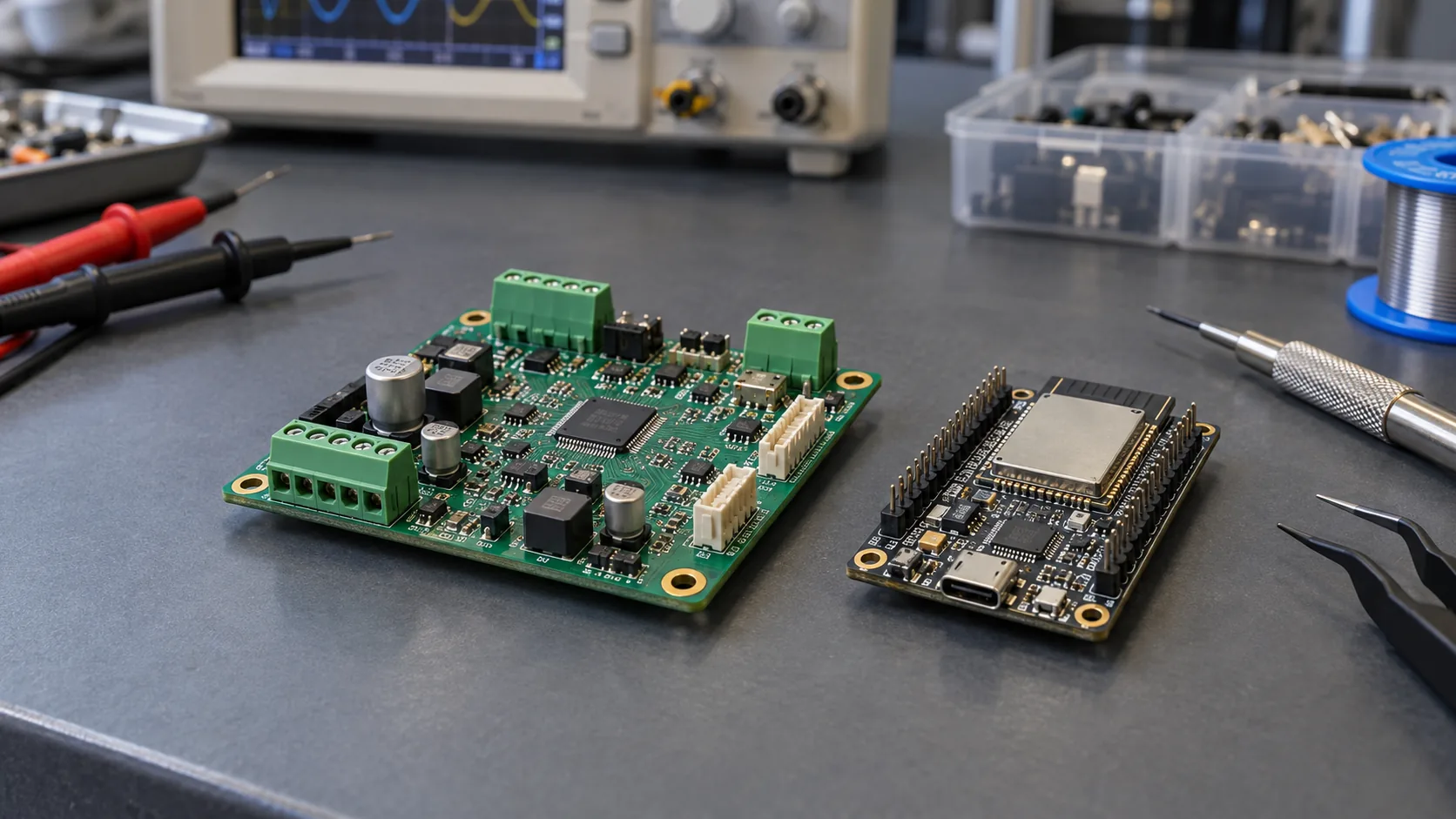 Custom PCB beside an off-the-shelf IoT development board on an electronics engineering workbench.