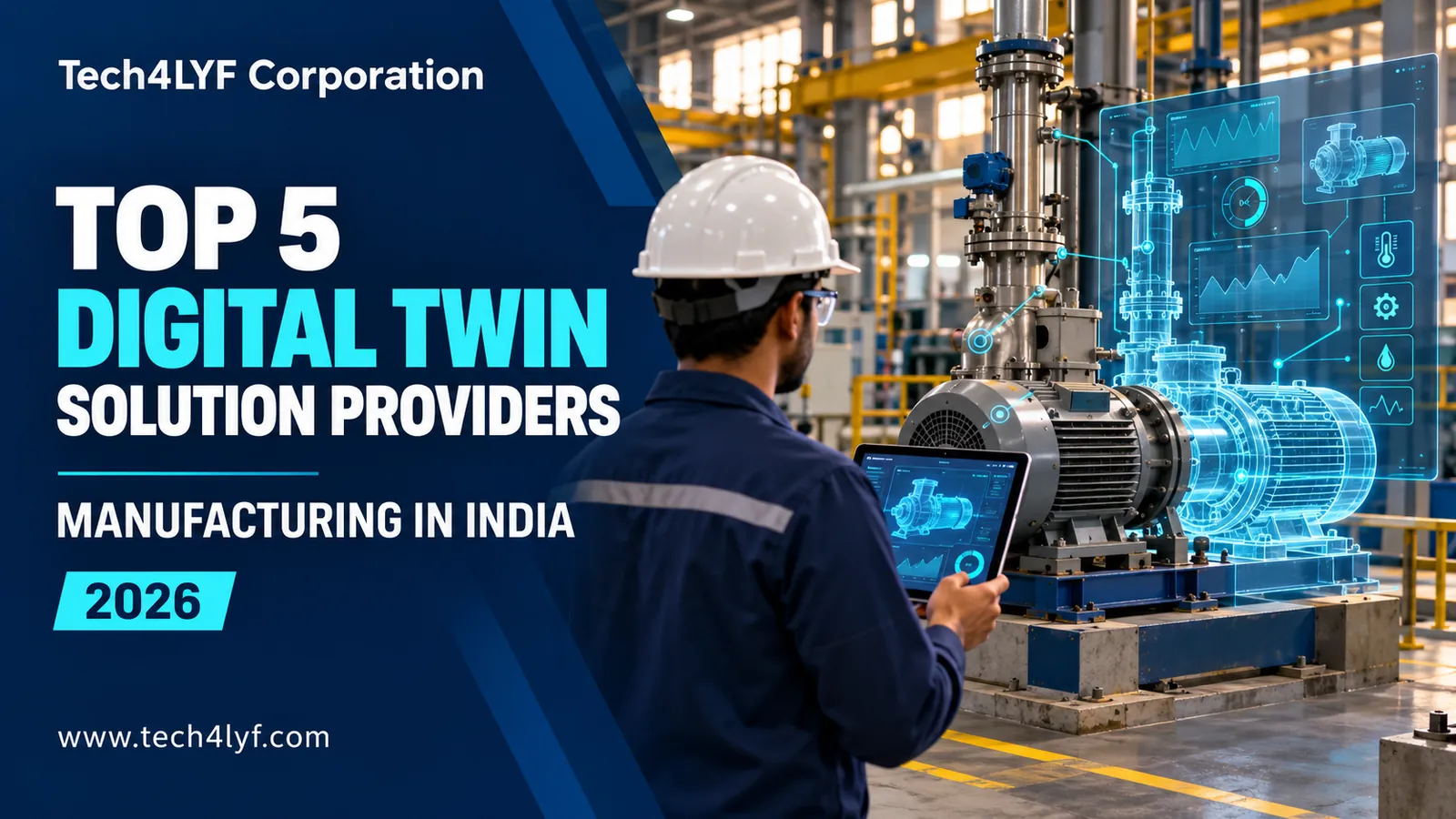 Tech4LYF Corporation’s 2026 guide to manufacturing digital twin providers in India, showing an engineer reviewing a connected machine and its digital model.