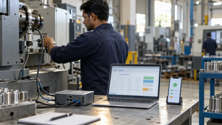 Industrial IoT gateway beside a laptop and smartphone displaying business and equipment dashboards on a factory workbenc