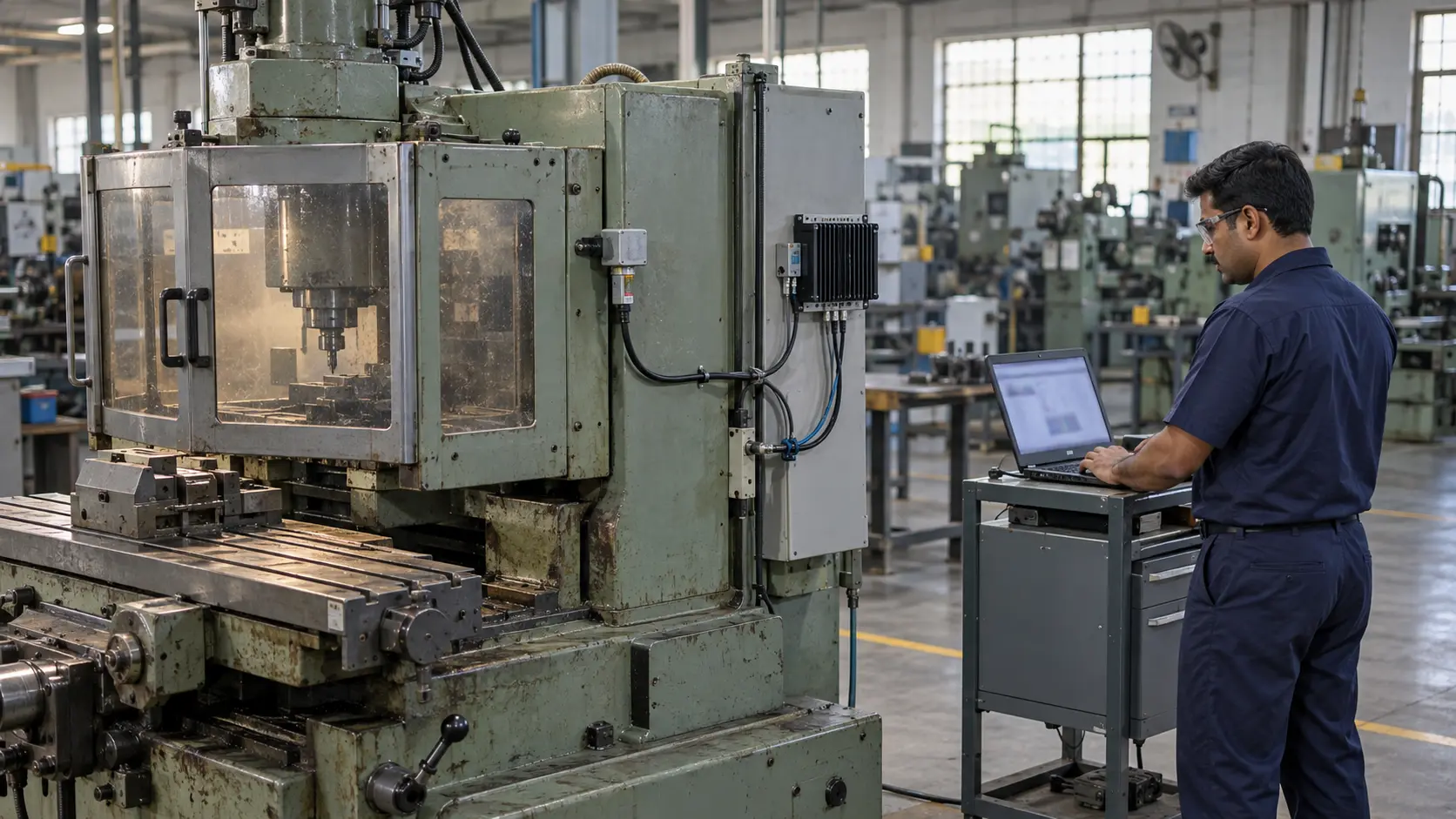 Engineer using a laptop beside an older industrial machine fitted with a monitoring sensor and IoT gateway.