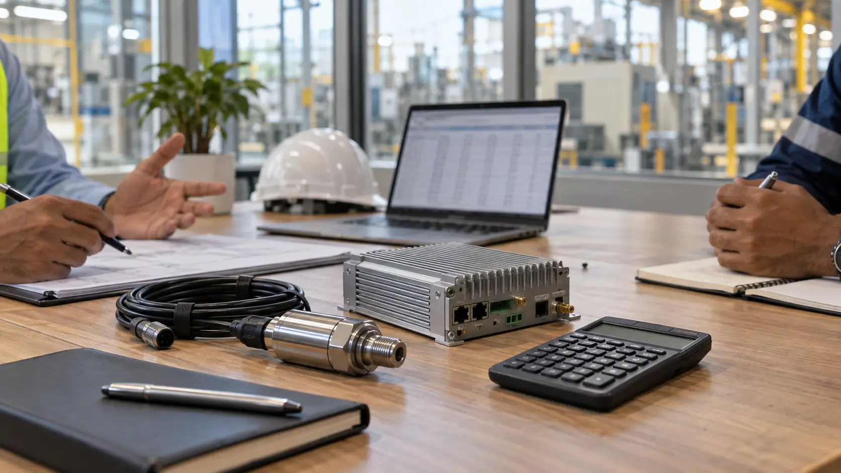 Industrial sensor, IoT gateway, laptop and calculator on a factory project planning table.