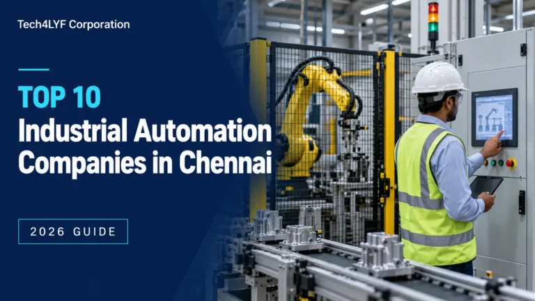 Tech4LYF Corporation’s 2026 guide to industrial automation companies in Chennai, showing an engineer using a control panel beside a guarded robotic production line.