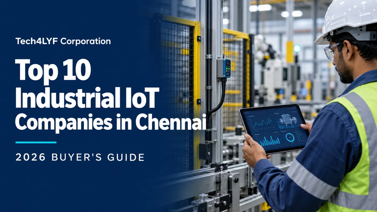 Tech4LYF Corporation’s 2026 guide to industrial IoT companies in Chennai, showing an engineer viewing machine data on a tablet beside factory equipment.