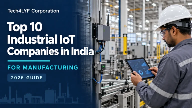 Tech4LYF Corporation’s 2026 guide to industrial IoT companies in India for manufacturing, showing an engineer reviewing machine data on a tablet.