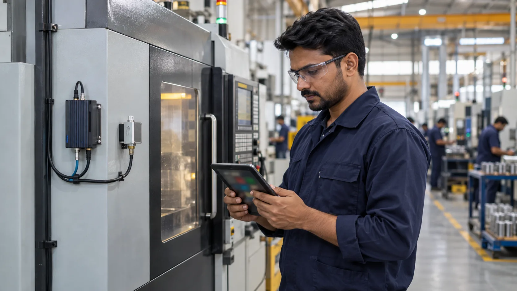 Engineer reviewing a tablet beside a factory machine fitted with an industrial sensor and IoT gateway.
