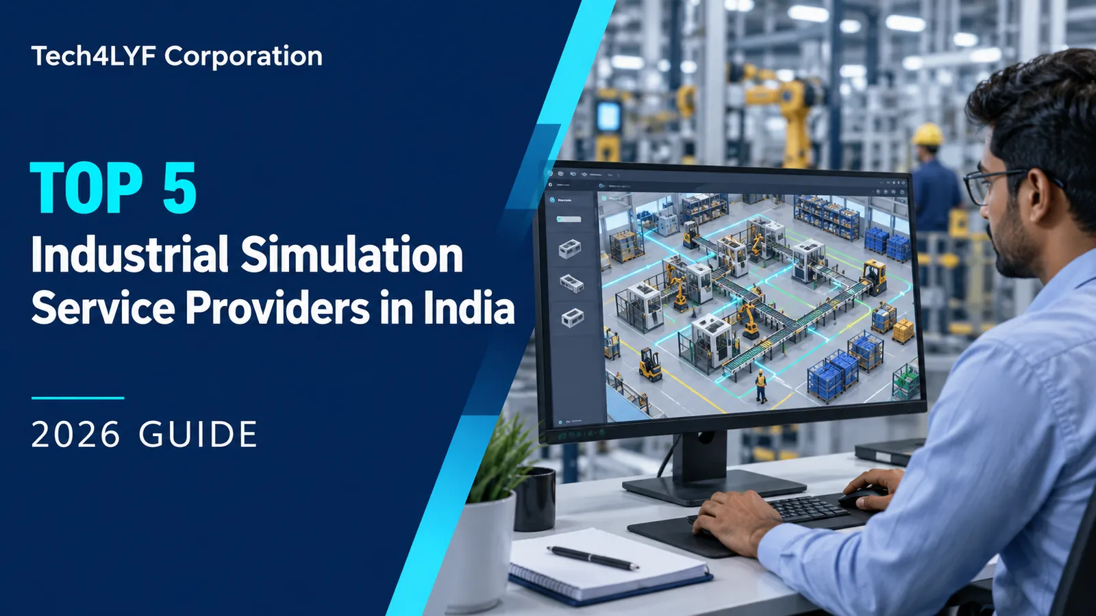 Tech4LYF Corporation’s 2026 guide to industrial simulation service providers in India, showing an engineer reviewing a digital production-line model.