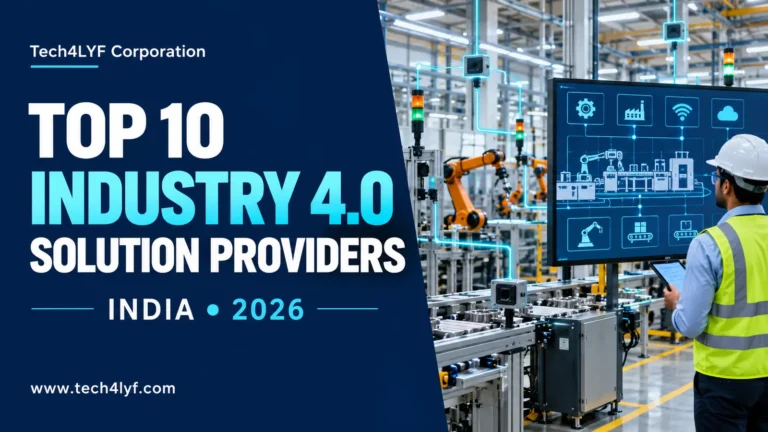 Tech4LYF Corporation’s 2026 Industry 4.0 provider guide for India, showing an engineer reviewing connected smart factory equipment.