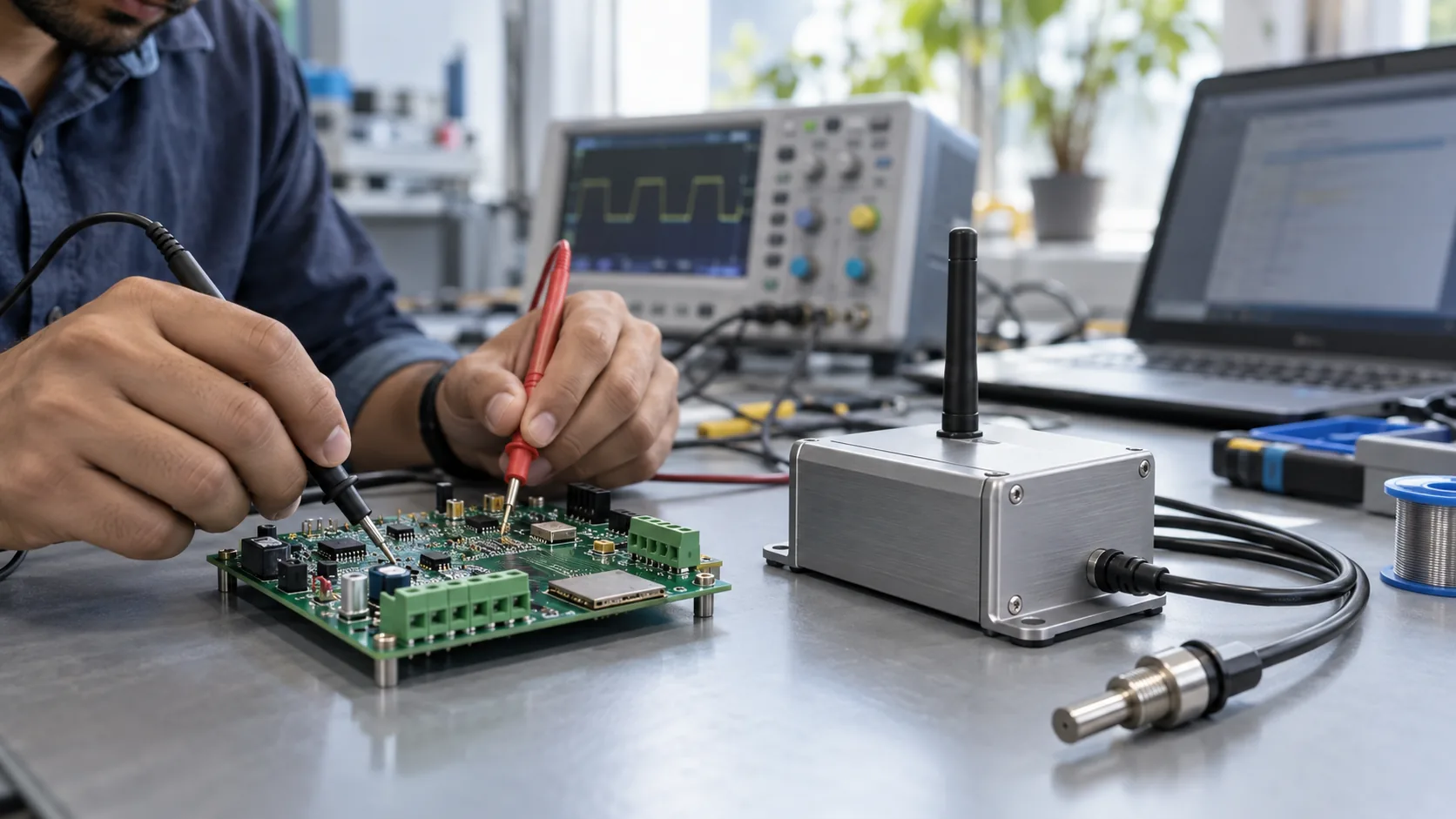 Prototype circuit board and assembled IoT device beside testing equipment on an electronics workbench.