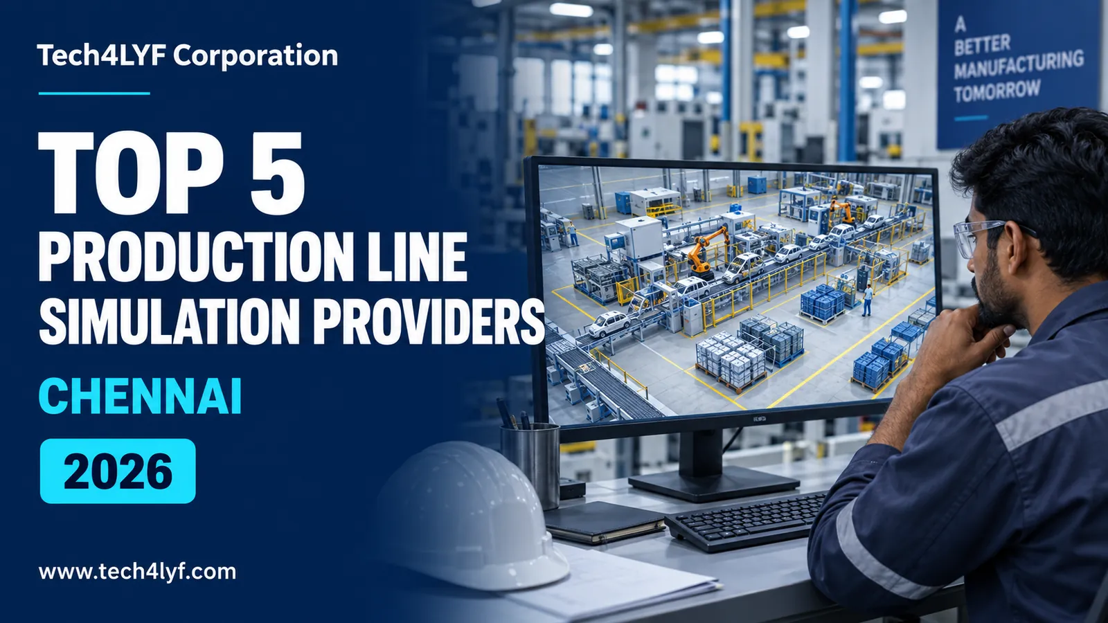Tech4LYF Corporation’s 2026 Chennai production line simulation guide, showing an engineer reviewing a digital factory model.